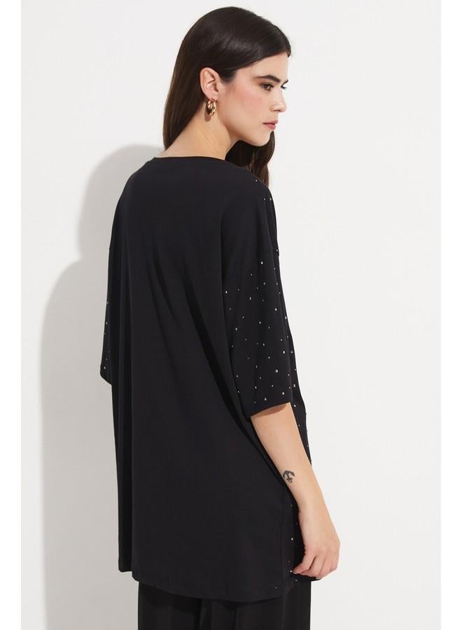 JUNE Women Crew Neck Stone Detailed Oversize Cotton Tshirt Black - Image 5