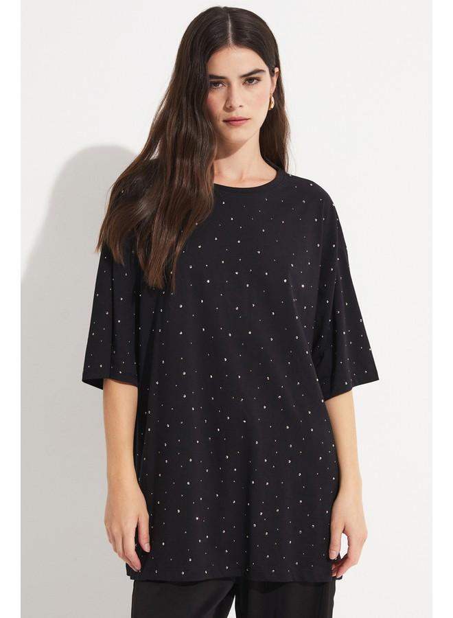 JUNE Women Crew Neck Stone Detailed Oversize Cotton Tshirt Black - Image 4