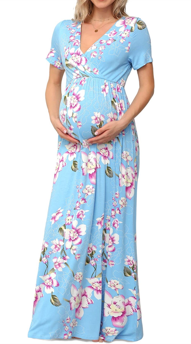 Xpenyo Women's Floral Maternity Dresses Summer Casual Short Sleeve V Neck Wrap Long Maxi Dress Pregnancy Clothes for Baby Shower, Photoshoot, Party, Daily, Nursing, Flower Light Blue S - Image 1