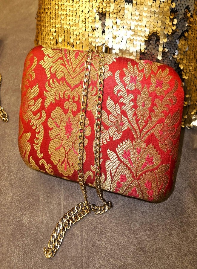 House Of Silko MAGENTA PINK BANARASI BROCADE PARTY CLUTCH WITH metal STRAP/STRING HAND PURSE FOR WOMEN - Image 2