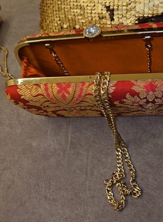 House Of Silko MAGENTA PINK BANARASI BROCADE PARTY CLUTCH WITH metal STRAP/STRING HAND PURSE FOR WOMEN - Image 4