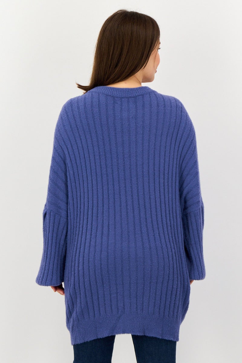 Aerie Women Crew Neck Ribbed Long Sleeve Sweater, Blue - Image 4