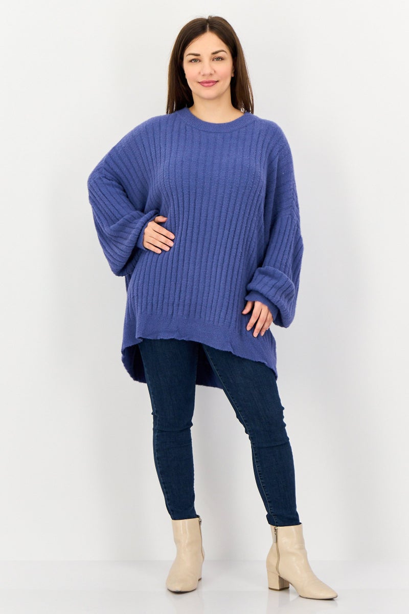 Aerie Women Crew Neck Ribbed Long Sleeve Sweater, Blue - Image 2
