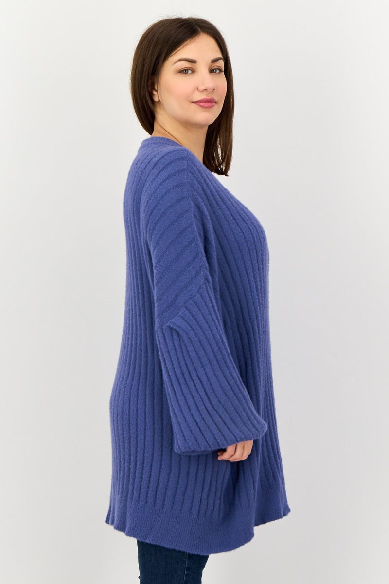 Aerie Women Crew Neck Ribbed Long Sleeve Sweater, Blue - Image 3