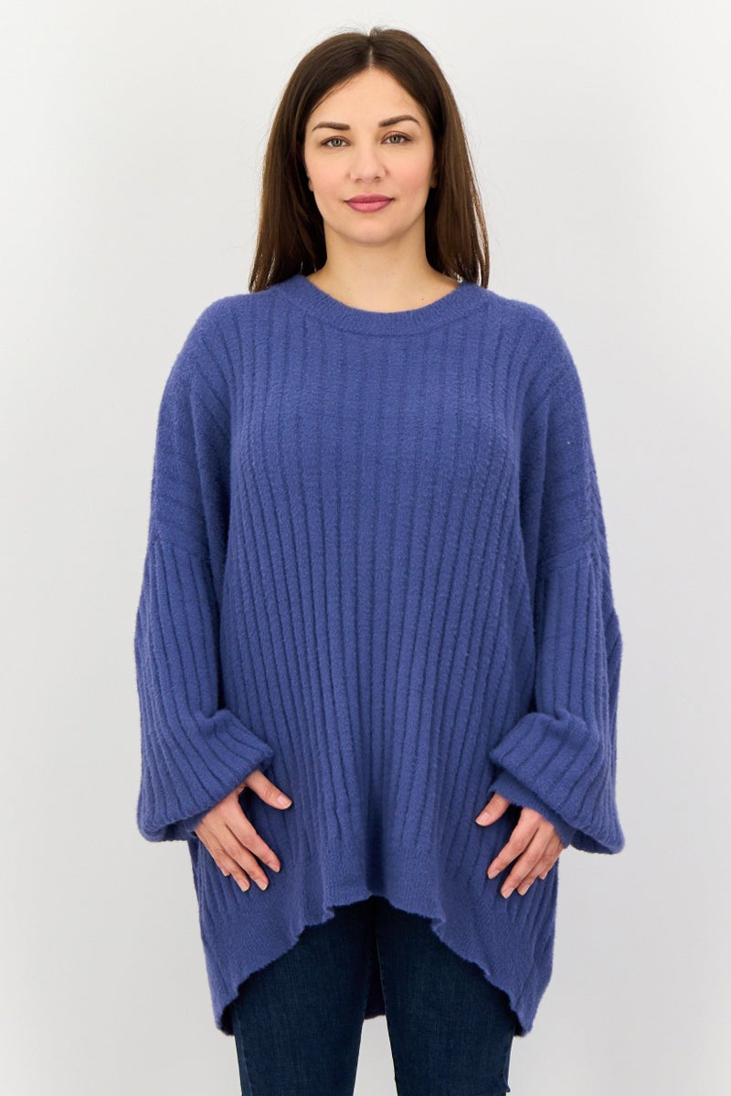 Aerie Women Crew Neck Ribbed Long Sleeve Sweater, Blue - Image 1