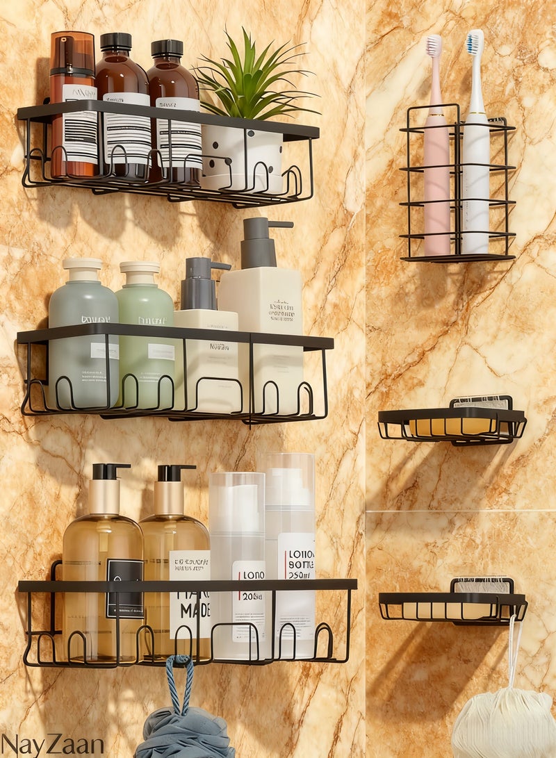 نايزان 6 حزم من رفوف الدش المقاومة للصدأ والماء، رفوف لا تحتاج إلى ثقب، مع حامل صابون، منظمات وتخزين الحمام ذات السعة الكبيرة، ديكور المطبخ والمنزل المثبت على الحائط - Image 1
