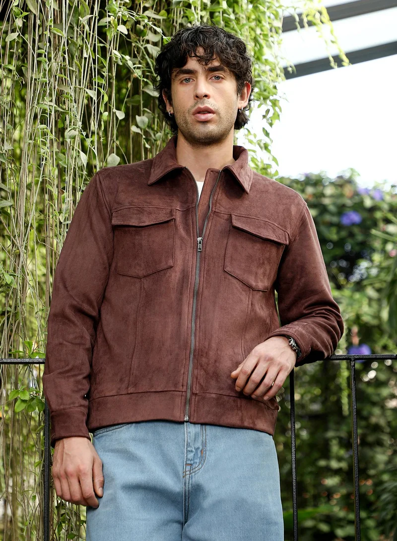 كامبوس سوترا Men Solid Utility-Suede Bomber Jacket | Point Collar, Long Button-Cuff Sleeves | Zipper , Band-Straight Hem | Solid Textured | Woven Fabric For Casual & Daily Wear | Chocolate Brown