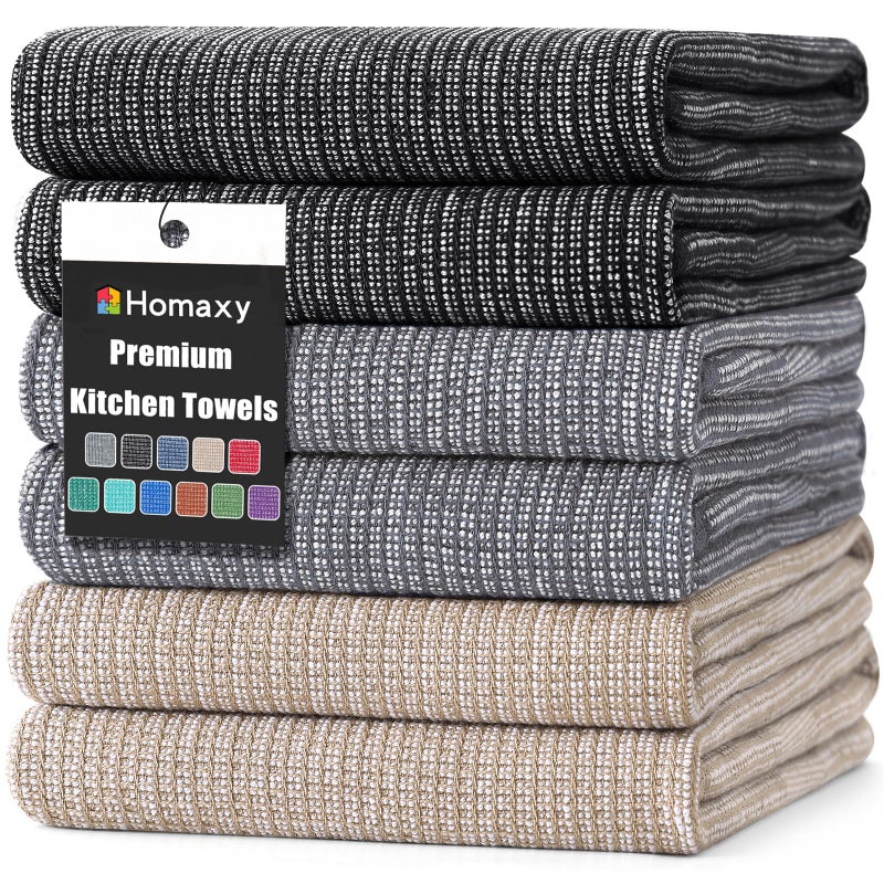 Homaxy Premium Kitchen Towels(18â€x 28â€, 6 Pack), Large Cotton Kitchen Hand Towels, Flat and Terry Dish Towels, 380 GSM Highly Absorbent Tea Towel Set with Hanging Loop, Grey/Khaki/Black - Image 1