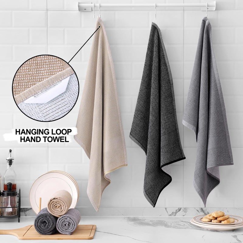 Homaxy Premium Kitchen Towels(18â€x 28â€, 6 Pack), Large Cotton Kitchen Hand Towels, Flat and Terry Dish Towels, 380 GSM Highly Absorbent Tea Towel Set with Hanging Loop, Grey/Khaki/Black - Image 3