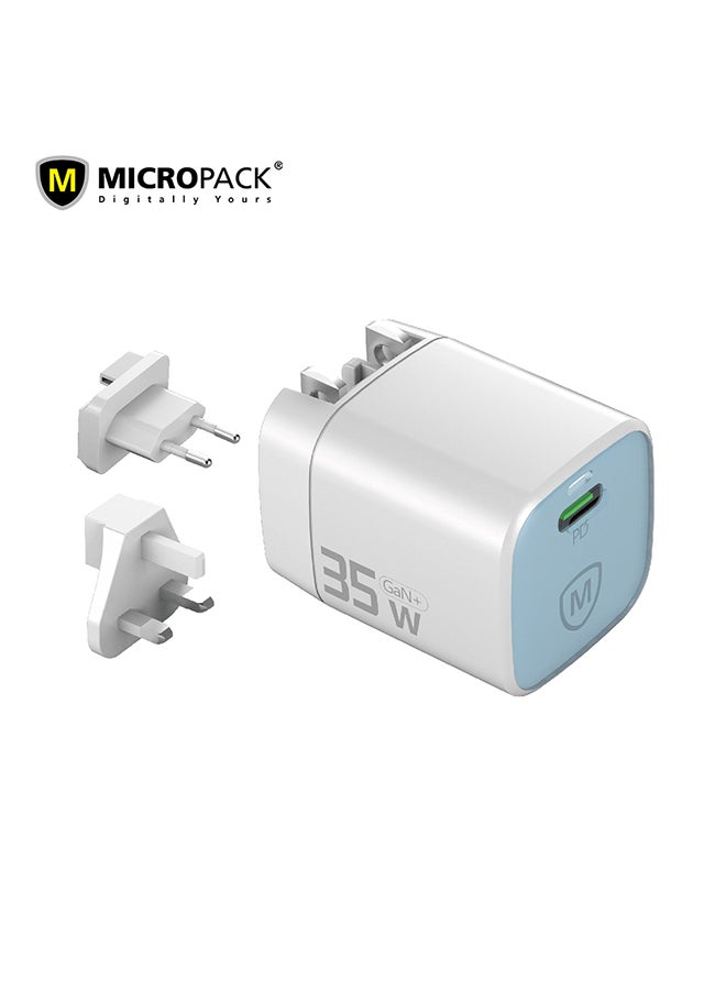 مايكروباك شاحن جداري Micropack MWC-135 بتقنية GaN 35 واط - شحن سريع PD، قابس عالمي، أزرق - Image 1