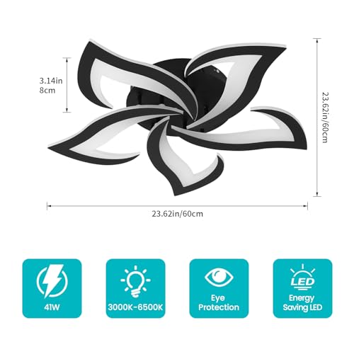 Goeco 23.62'' Modern Flush Mount Ceiling Light with Remote Control, Black 5-Petals Flower Dimmable LED Ceiling Light for Living Room, Kitchen, Dining Room, Bedroom - Image 5