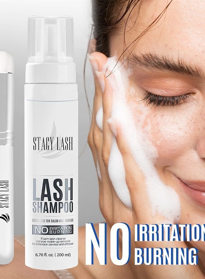 Stacy Lash 6.76 fl.oz / 200ml BIG Eyelash Extension Shampoo Brush/Eyelid Foaming Cleanser/Wash for Extensions & Natural Lashes/Free Safe Makeup Remover/Supplies for Professional & Home Use - Image 1