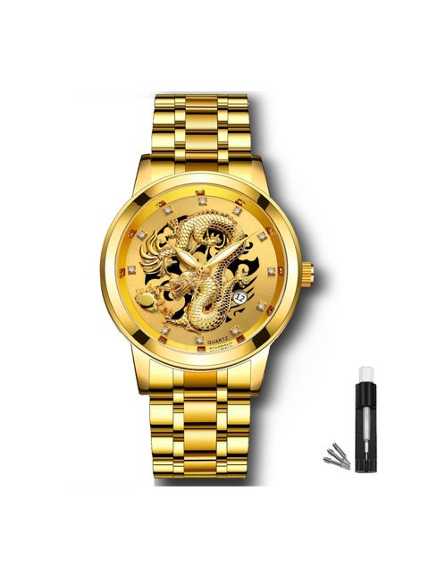 Gold Mens Watches 3D Dragon Diamond Watches for Men Auto Date Stainless Steel Silver Men's Wrist Watches Luminous 30M Waterproof Business Men's Wrist Watches