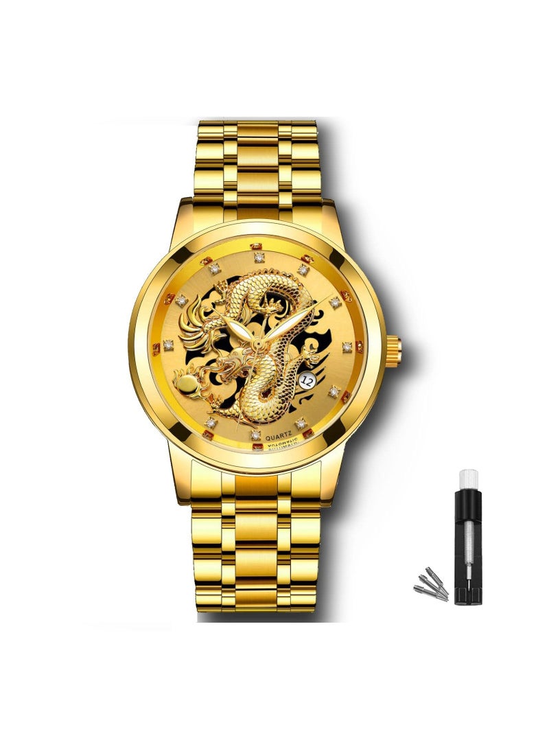 Gold Mens Watches 3D Dragon Diamond Watches for Men Auto Date Stainless Steel Silver Men's Wrist Watches Luminous 30M Waterproof Business Men's Wrist Watches