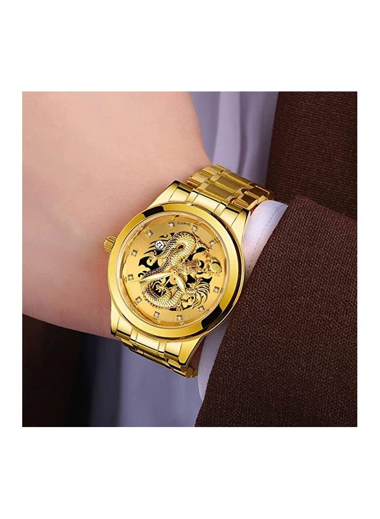 Gold Mens Watches 3D Dragon Diamond Watches for Men Auto Date Stainless Steel Silver Men's Wrist Watches Luminous 30M Waterproof Business Men's Wrist Watches