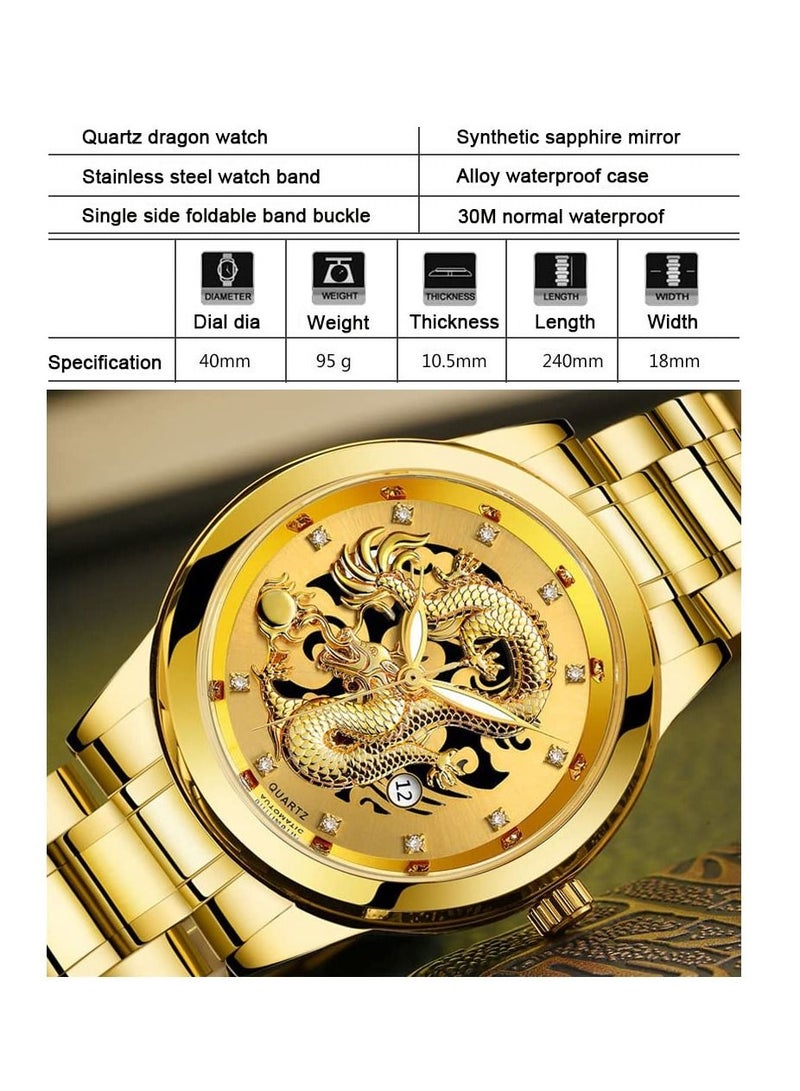 Gold Mens Watches 3D Dragon Diamond Watches for Men Auto Date Stainless Steel Silver Men's Wrist Watches Luminous 30M Waterproof Business Men's Wrist Watches