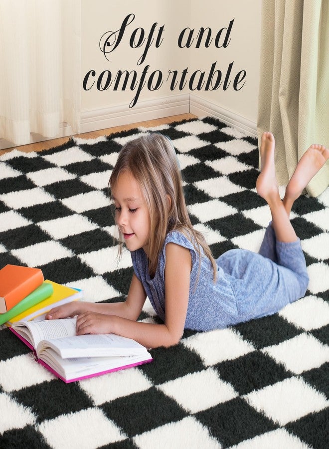 TOOHUB Super Soft Carpet for Bedroom 6x9ft Black White Classic Plaid Shaggy Rug Non-Slip High Pile Soft Fluffy Fluffy Rug for Living Room Bedroom - Image 5
