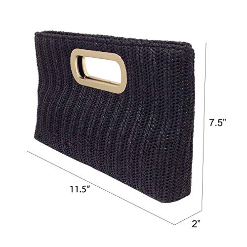 JNB Top Handle Straw Clutch, Black Medium - Image 2