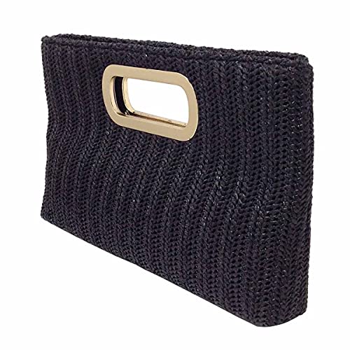 JNB Top Handle Straw Clutch, Black Medium - Image 5