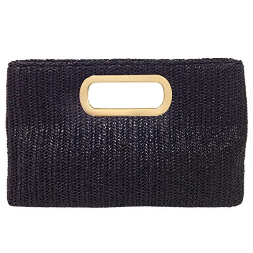 JNB Top Handle Straw Clutch, Black Medium - Image 1