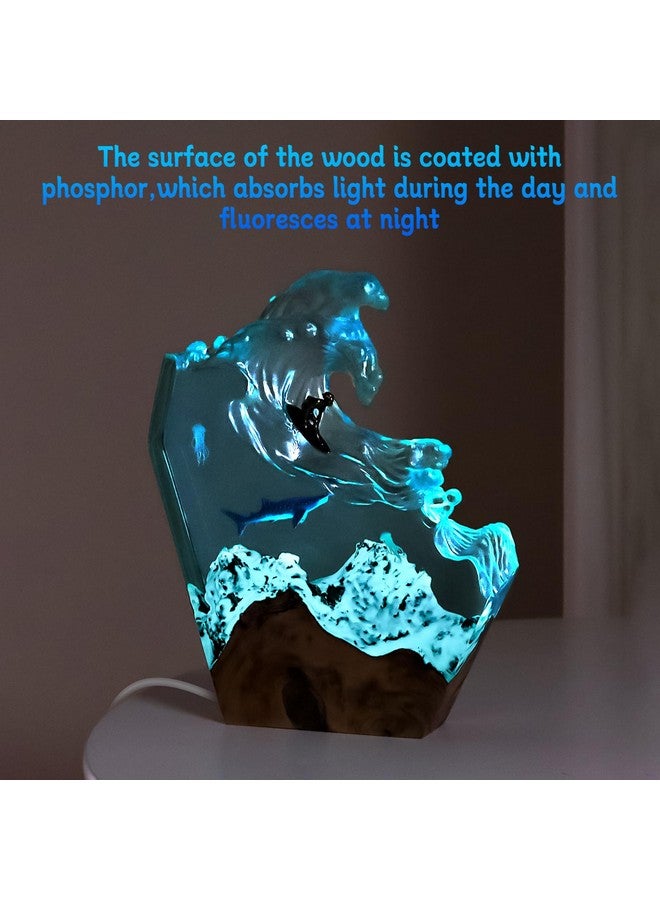 dcvbny Resin LED Ocean Surfing Night Lights,Handmade Wooden Epoxy Resin Bedside Table Lamp,3D Art Ornaments Office Bedroom Room Party Decor for Surfer Men Women Boys Girls (8-inch Surfing) - Image 3