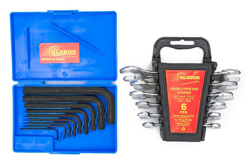 GLOBUS 1428 STEEL HAND TOOL SET/2 PCS ( ALLEN KEY SET/9 PCS, DOUBLE OPEN END SPANNER SET/6 PCS IN RAKE CHROME MATT FINISH ) - Image 1