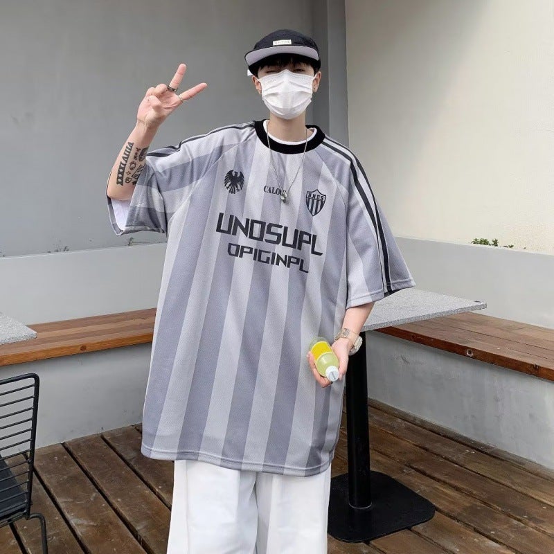 2024 Summer T-Shirt Fashion Fashion Brand Loose Fashion Half Sleeve Fashion Urban Crew Neck Striped Thin Men - Image 3