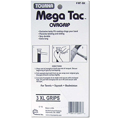 Tourna Mega Tac Extra Tacky Overgrip, Black, 3 Grips per Pack - Image 2