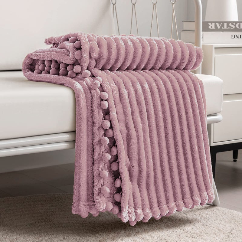 DISSA Fleece Blanket Throw Size  51x63 Pink  Soft Plush Fluffy Fuzzy Warm Cozy  Perfect Throw for Couch Bed Sofa  with Pompom Fringe  Flannel Blanket Throw Blanket