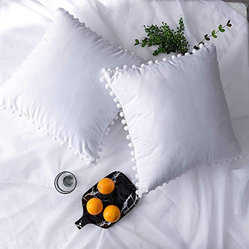 CottonFry Set of 2 Cushion Covers/Throw Pillow Covers Size 20"X20" Inches with Pom Poms, Soft Square Velvet Pillowcases Home Decor (White, Pack of 2) - Image 3