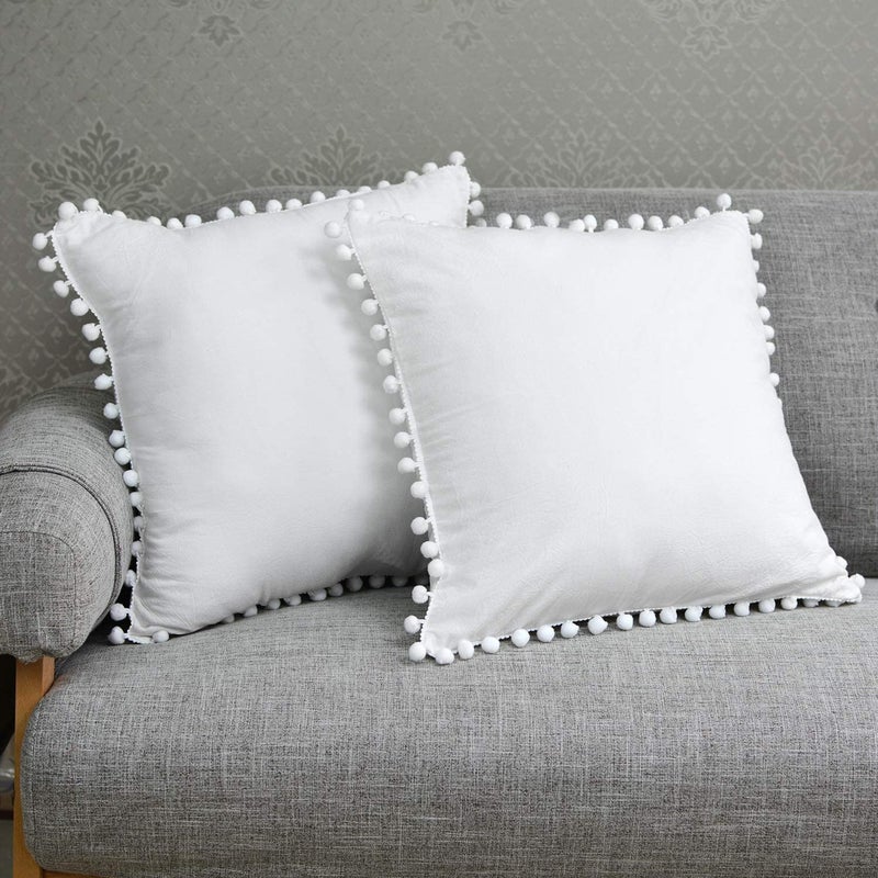 CottonFry Set of 2 Cushion Covers/Throw Pillow Covers Size 20"X20" Inches with Pom Poms, Soft Square Velvet Pillowcases Home Decor (White, Pack of 2) - Image 4