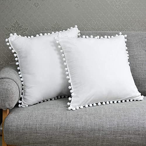 CottonFry Set of 2 Cushion Covers/Throw Pillow Covers Size 20"X20" Inches with Pom Poms, Soft Square Velvet Pillowcases Home Decor (White, Pack of 2) - Image 1