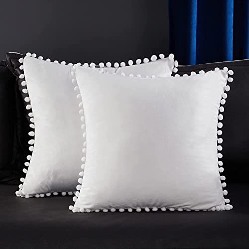 CottonFry Set of 2 Cushion Covers/Throw Pillow Covers Size 20"X20" Inches with Pom Poms, Soft Square Velvet Pillowcases Home Decor (White, Pack of 2) - Image 2