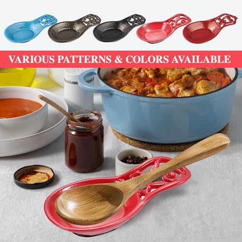 JOGREFUL Spoon Rest, Cast Iron Spoon Holder for Cooking/Stove Top/Kitchen Counter, Heat-Resistant Utensil Rest for Spoons/Ladles/Tongs, Housewarming Vintage Decor, Vine Pattern, Red - Image 2