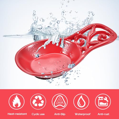 JOGREFUL Spoon Rest, Cast Iron Spoon Holder for Cooking/Stove Top/Kitchen Counter, Heat-Resistant Utensil Rest for Spoons/Ladles/Tongs, Housewarming Vintage Decor, Vine Pattern, Red - Image 4