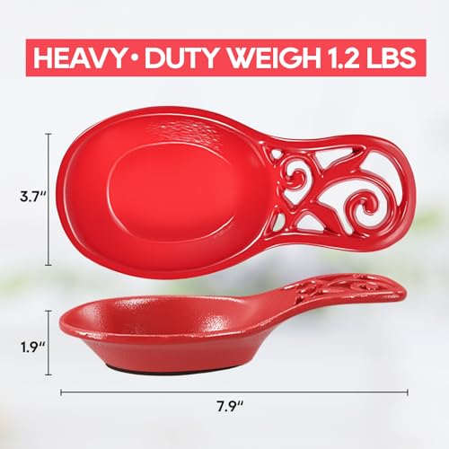 JOGREFUL Spoon Rest, Cast Iron Spoon Holder for Cooking/Stove Top/Kitchen Counter, Heat-Resistant Utensil Rest for Spoons/Ladles/Tongs, Housewarming Vintage Decor, Vine Pattern, Red - Image 3