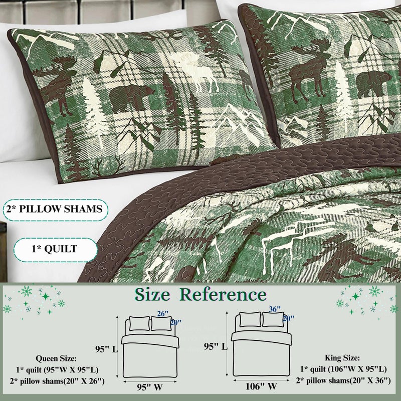 MarCielo 3-Piece Rustic Cabin Quilt Set Reversible Bedspread with Moose and Bear Pattern, Lightweight All Season Cabin Bedding(Green,Queen) - Image 4