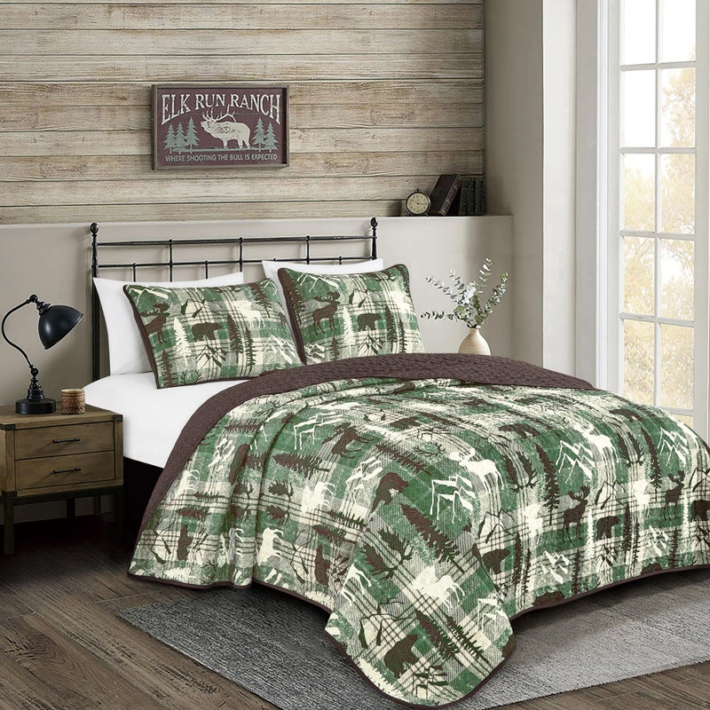 MarCielo 3-Piece Rustic Cabin Quilt Set Reversible Bedspread with Moose and Bear Pattern, Lightweight All Season Cabin Bedding(Green,Queen) - Image 1
