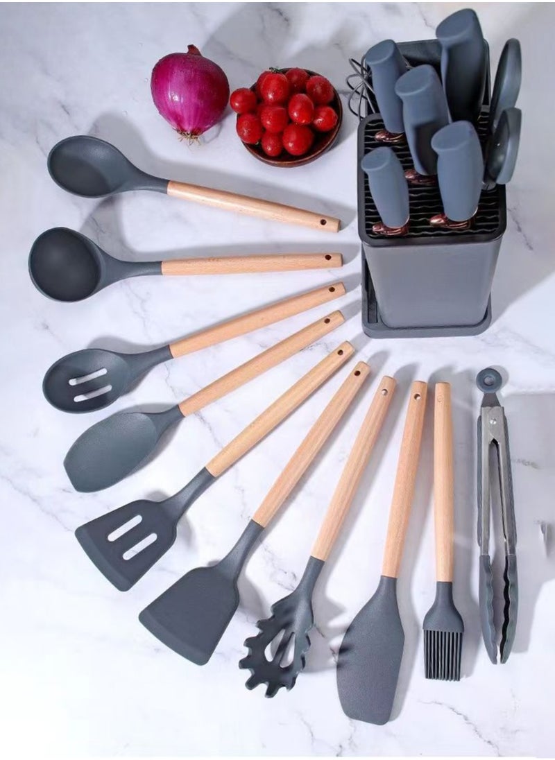 MHD Wooden Handle Silicone Kitchenware 19-Piece Set High Temperature Resistant Non-Stick Cooking  - Image 3