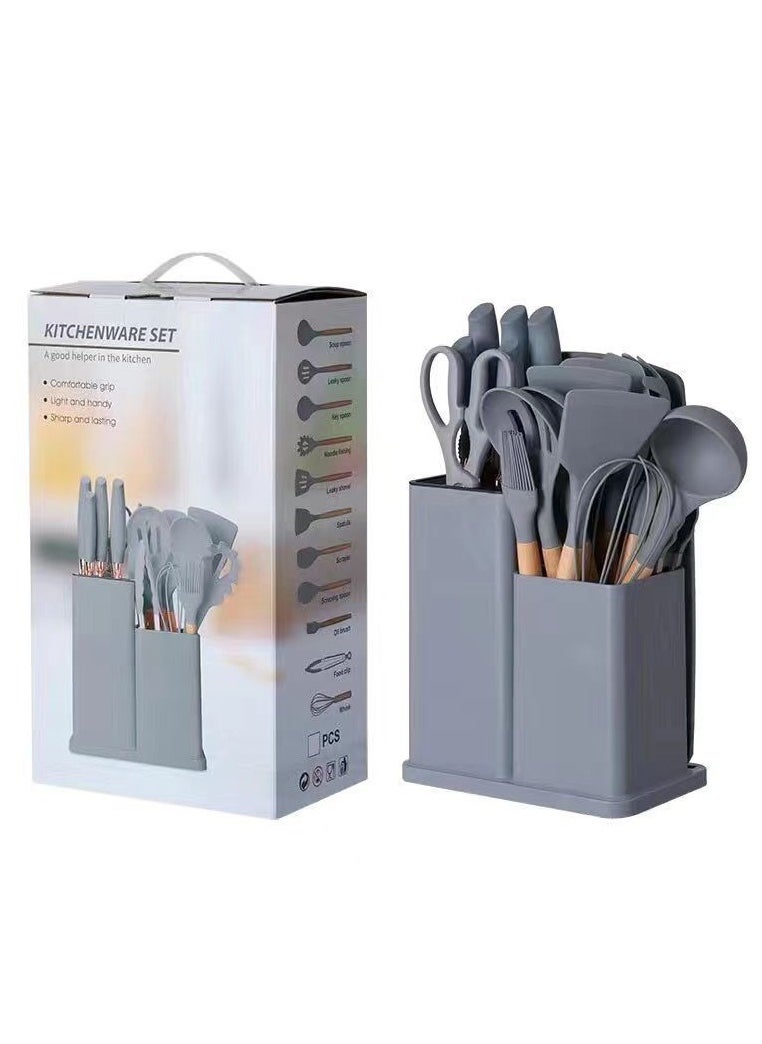 MHD Wooden Handle Silicone Kitchenware 19-Piece Set High Temperature Resistant Non-Stick Cooking  - Image 1