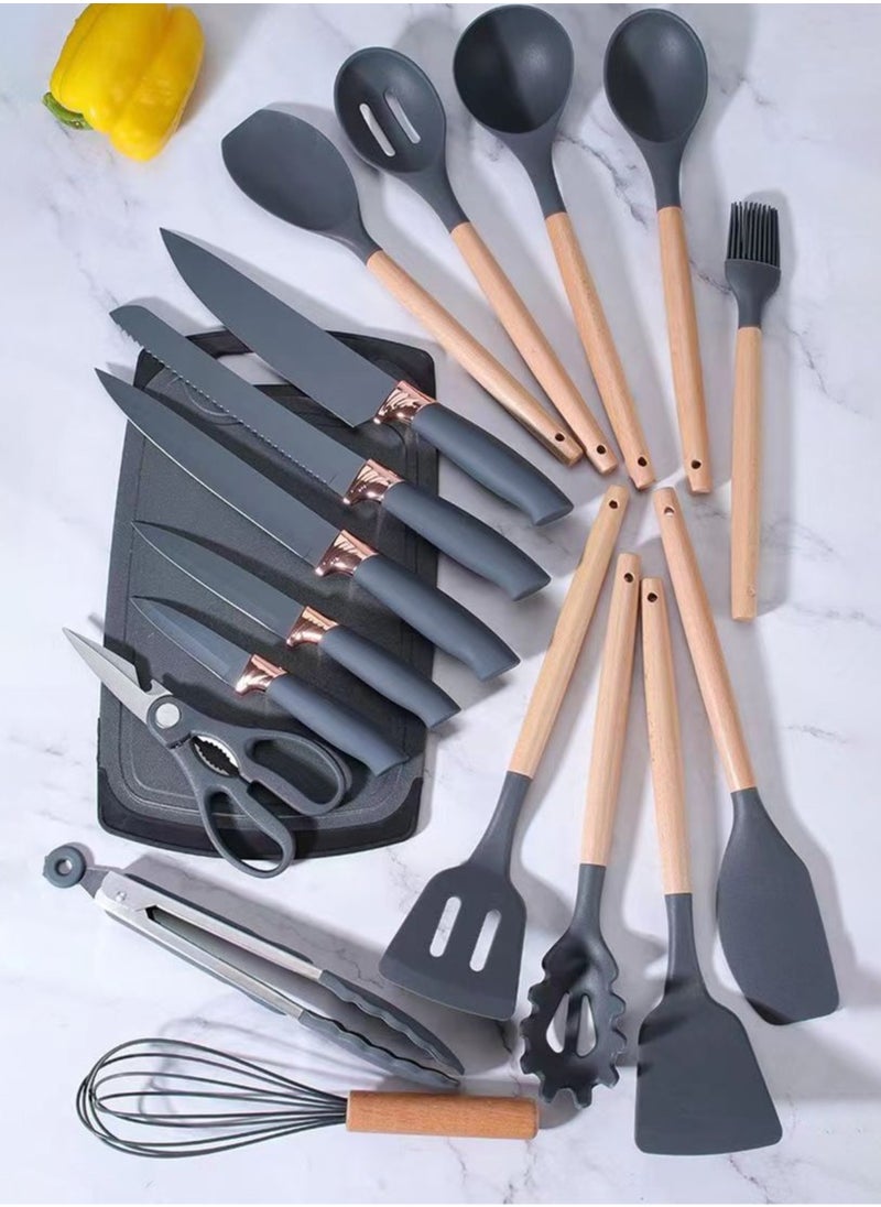 MHD Wooden Handle Silicone Kitchenware 19-Piece Set High Temperature Resistant Non-Stick Cooking  - Image 2