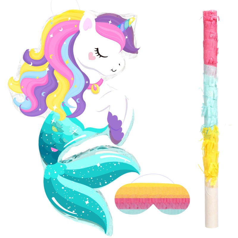 Harrycle Small Unicorn Piata with Piata Stick Blindfold and Confetti Rainbow Unicorn Piata for Girls Birthday Party Pink Unicorn Party Supplies for Princess Parties Fiestas DecorationsUnicorn Mermaid - Image 3