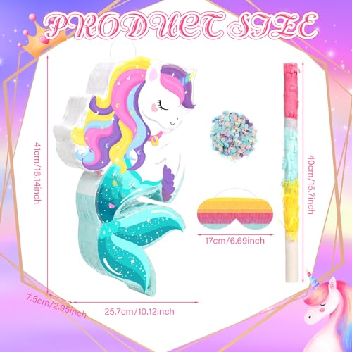 Harrycle Small Unicorn Piata with Piata Stick Blindfold and Confetti Rainbow Unicorn Piata for Girls Birthday Party Pink Unicorn Party Supplies for Princess Parties Fiestas DecorationsUnicorn Mermaid - Image 5