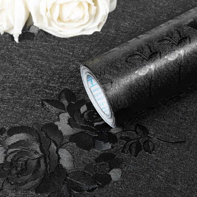 Apdidl Black Flower Wallpaper Peel and Stick Gothic Black Floral Textured Contact Paper 118X177 Removable Self Adhesive Waterproof Contact Wall Paper for Kitchen Drawers Walls Cabinets