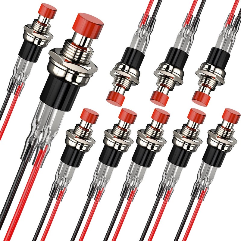 DIYhz Momentary Push Button Switch, 1A 250VAC SPST Mini Pushbutton Switches with Wire Normally Open(NO) Red Cap - 10pcs - Image 1