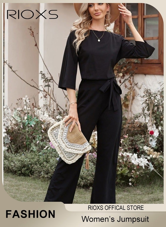 RIOXS Womens Casual Belted Jumpsuit, Boat Neck Wide Straight Leg Long Pants Romper, Business Casual One Piece Outfits With Waist Belt, Soft Flowy Solid Coolor Jumpsuits for Party Work Dating and Daily Wear, Balck - Image 1
