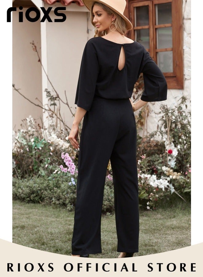 RIOXS Womens Casual Belted Jumpsuit, Boat Neck Wide Straight Leg Long Pants Romper, Business Casual One Piece Outfits With Waist Belt, Soft Flowy Solid Coolor Jumpsuits for Party Work Dating and Daily Wear, Balck - Image 2