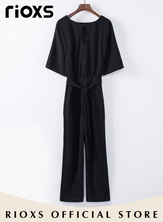 RIOXS Womens Casual Belted Jumpsuit, Boat Neck Wide Straight Leg Long Pants Romper, Business Casual One Piece Outfits With Waist Belt, Soft Flowy Solid Coolor Jumpsuits for Party Work Dating and Daily Wear, Balck - Image 5