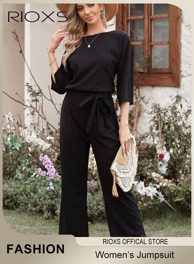 RIOXS Womens Casual Belted Jumpsuit, Boat Neck Wide Straight Leg Long Pants Romper, Business Casual One Piece Outfits With Waist Belt, Soft Flowy Solid Coolor Jumpsuits for Party Work Dating and Daily Wear, Balck - Image 3