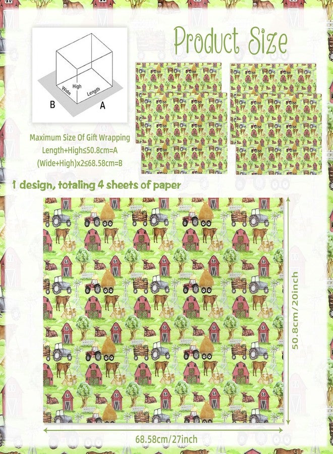 Geluode Farm Cow Wrapping Paper, Cute Cow Farmhouse Barn Animal and Tractor Watercolor Gift Wrap Paper - 4 Sheets Folded Flat 20x28 inches Gift Wrap for Kids Boys Girls Baby Shower Birthday Party - Image 2